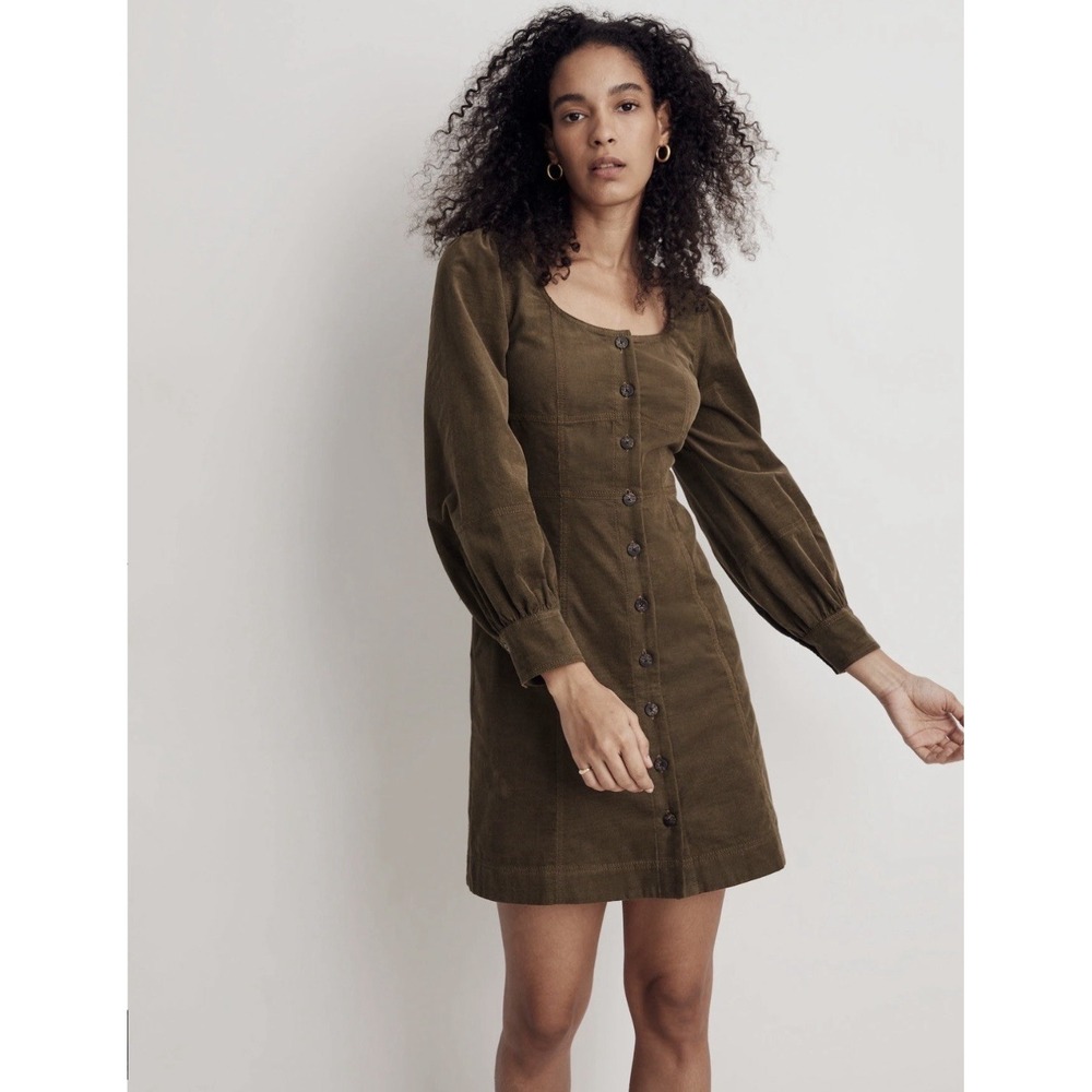 Madewell Corduroy Seamed Long Sleeve Mini Dress Size 8 Kale Green Button Front